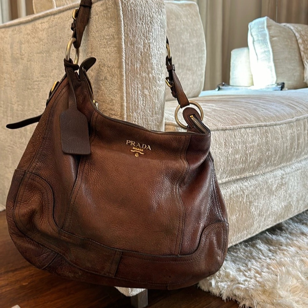 Prada Brown Leather Hobo Bag with Gold Hardware